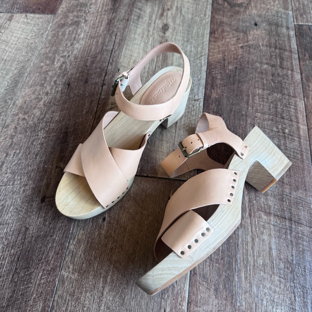 Madewell the Johanna Tan Leather wooden heel Women's Sandals size 8